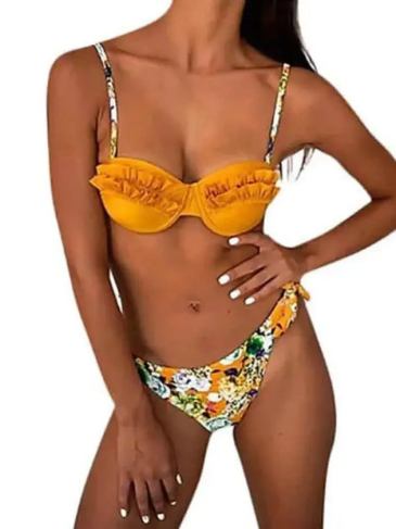 Floral Flounce Bikini High Waist Swimsuit - Yellow / s Stylord
