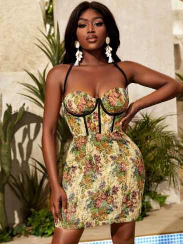 Floral Pattern Bustier Halter Neck Bodycon Dress - Multi / s Stylord