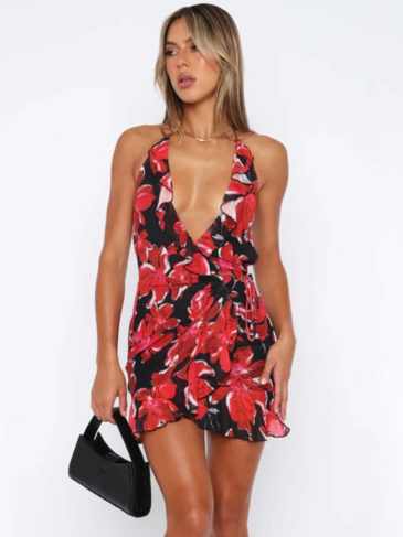 Tie Dye Floral Print Halter Backless Mini Dress - Stylord