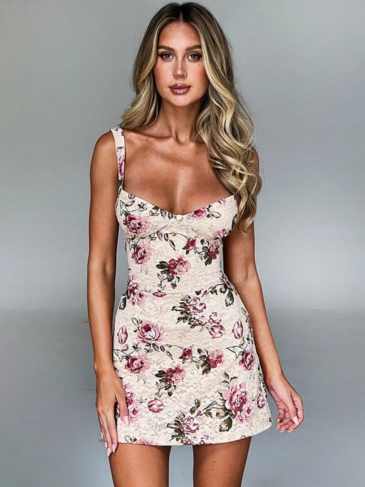 Tie Dye Floral Print Lace Up Vintage Mini Dress - White / s Stylord