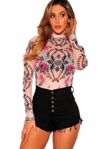 Floral Print Mesh Elegant Bodysuit - Multi / One Size Stylord