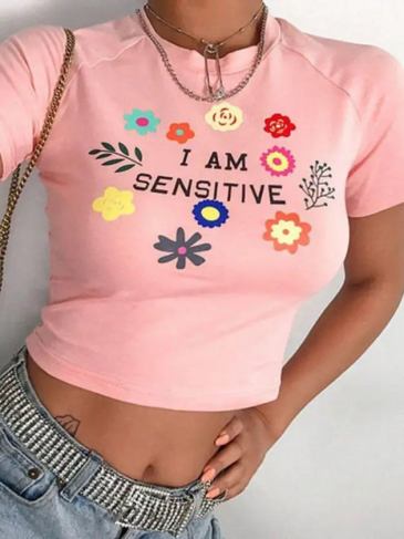 Floral Print Pink Slim Crop Top - One Size Stylord