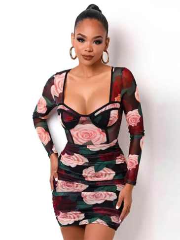 Floral Print See Through Mesh Sexy Mini Dress - Multi / s Stylord