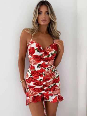 Floral Print Sleeveless Shirring Lace Up Slip Mini Dress - Red / s Stylord