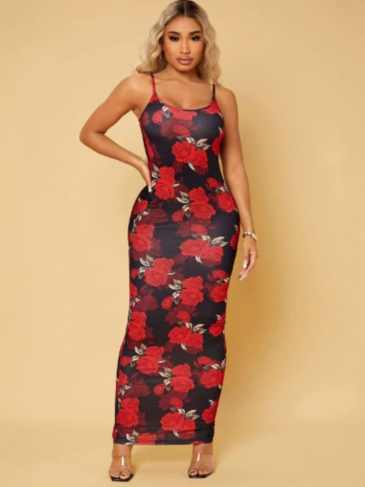 Floral Print Spaghetti Strap Midi Bodycon Dress - Red / s Stylord