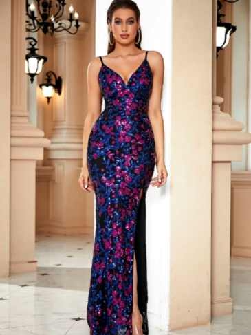 Floral Print Split Thigh Sequin Maxi Dress - Rent / Purple s Stylord