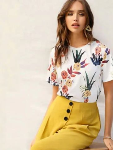 Floral Print White T-shirt - s Stylord