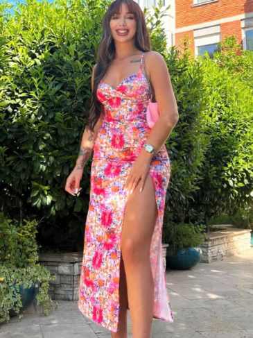 Floral Tie Dye Side Split Midi Dress - Pink / s Stylord