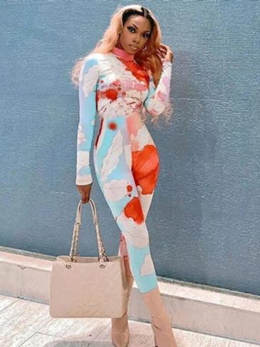 Floral Tie Dye Print Body-con Jumpsuit - Stylord
