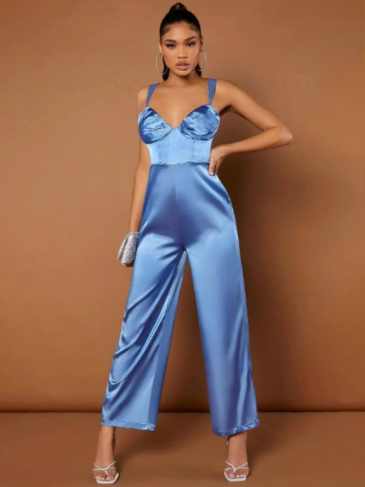 Fold Pleated Bustier Blue Jumpsuit - s Stylord