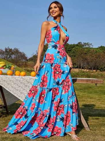 Cut Out Front Crisscross Frill Trim Floral Halter Dress - Blue / s Stylord