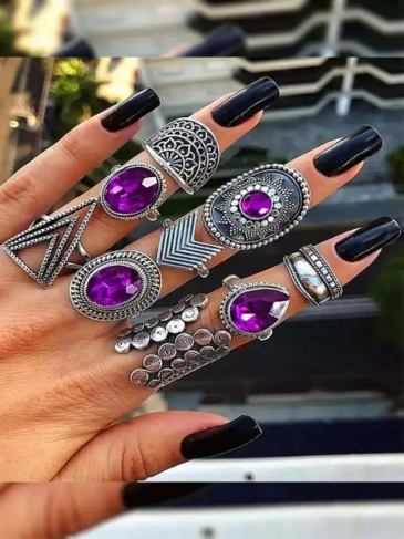 Geometric Rhinestone Hollow Stacking Rings - Purple Stylord