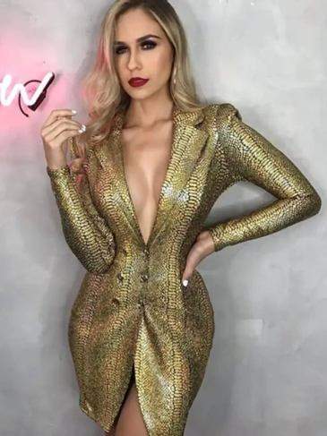Gold Snake Print Blazer Dress - m Stylord