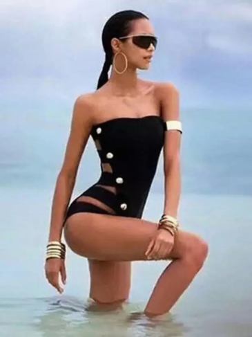 Golden Button One Piece Swimsuit - Black / Size Stylord
