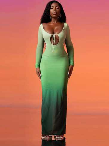 Tie Dye Gradient Backless Bodycon Maxi Dress - Green / s Stylord