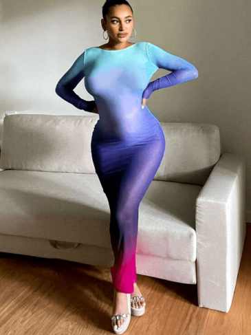 Gradient Long Sleeve Casual Backless Maxi Dress - Blue / s Stylord