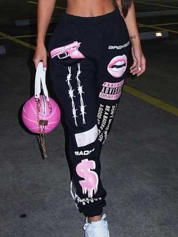 Graphic Print Fashion Casual Jogger Pant - Black / s Stylord