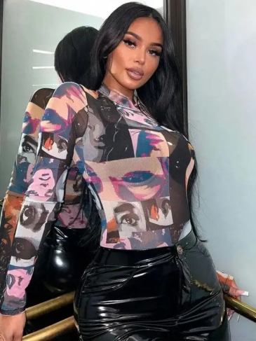 Graphic Print Fashion Long Sleeve See Through Bodysuit - Pink / s Stylord