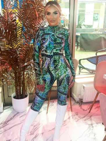 Graphic Print Long Sleeve Backless Sexy Bodycon Jumpsuit - Green / s Stylord