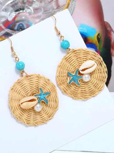 Handmade Wooden Straw Drop Earrings - Blue Stylord