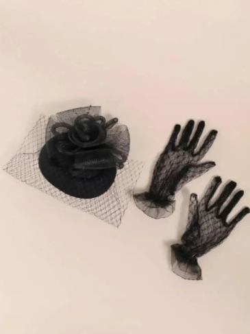 Hat Decor Hair Clip & Lace Gloves - Black Stylord