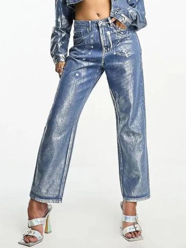 High Waist Gilded Printed Loose Wide Leg Jeans - Blue / s Stylord