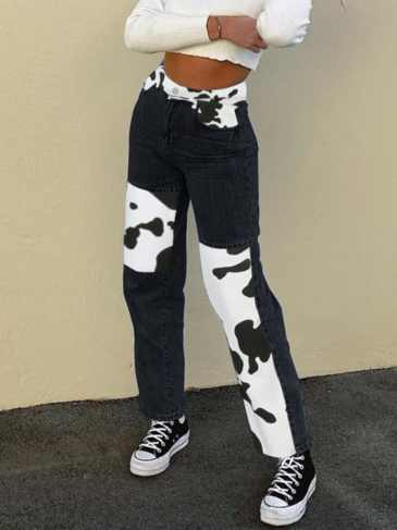 High Waist Multicolor Cow Print Straight Jeans - Black / s Stylord