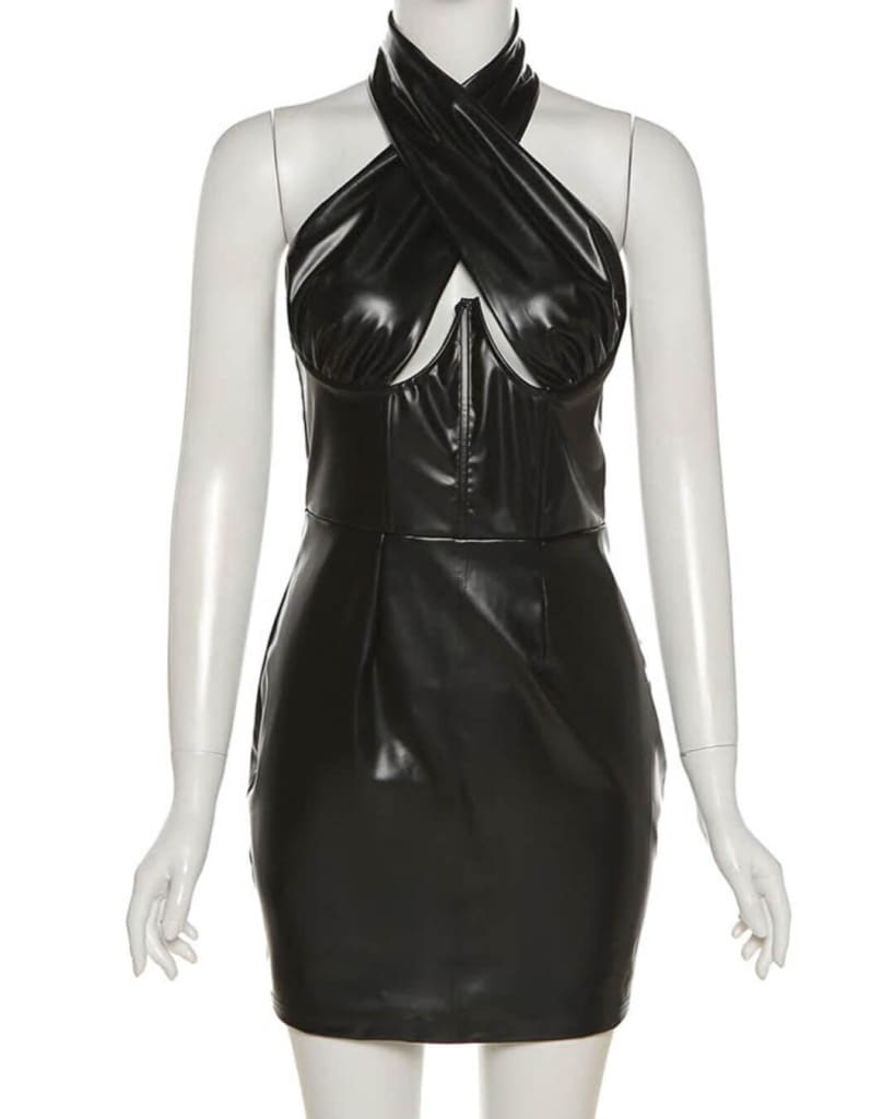 Hollow Out Pu Leather Sleeveless Mini Dress - Stylord