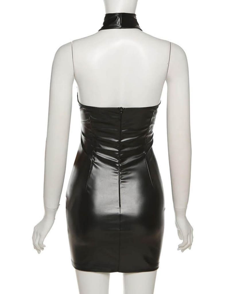 Hollow Out Pu Leather Sleeveless Mini Dress - Stylord