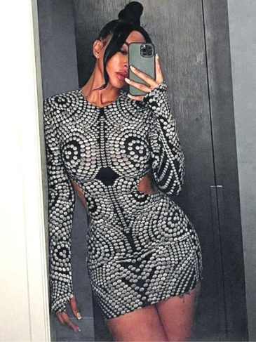 Hollow Out Print Long Sleeve Skinny Mini Dress - Stylord