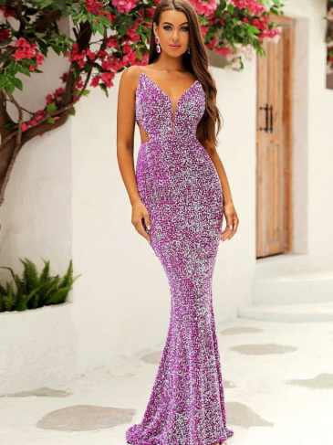 Hollowed Out Backless V-neck Sequin Maxi Dress - Rent / Purple s Stylord