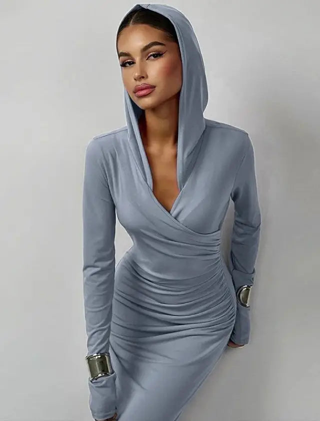 Hooded Ruched V-Neck Long Sleeve Maxi Dress - STYLORD Boutique Hooded Ruched V-Neck Long Sleeve Maxi Dress - STYLORD Boutique
