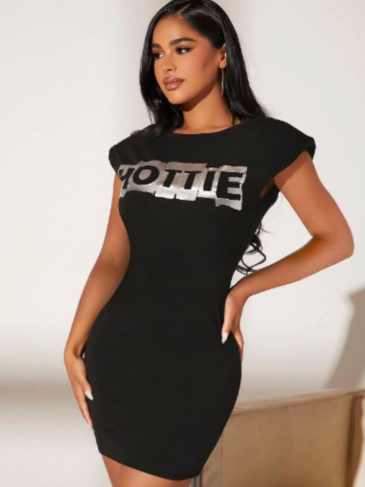Hottie Letter Graphic Shoulder Pad Bodycon Mini Dress - Black / s Stylord