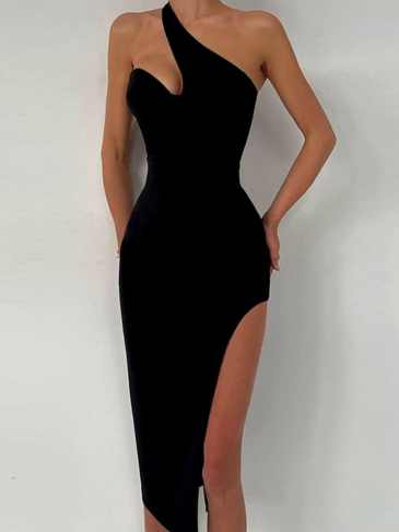 Inclined Shoulder Sleeveless Side Slit Dress - Black / s Stylord
