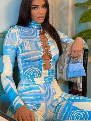 Irregular Print Turtleneck Long Sleeve Outfit Set - Blue / s Stylord