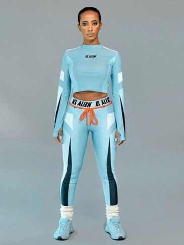 Klalien Fitness Letter Print High Elastic Tracksuit - Blue / s Stylord