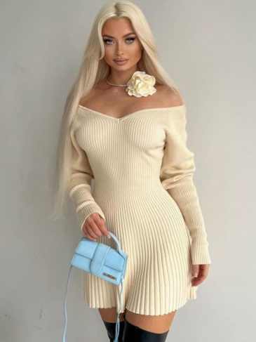 Knitted Sexy Club Slash Neck Dress - Beige / s Stylord
