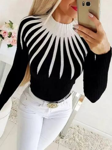 Knitted Turtleneck Patchwork Striped Sweater - Black / One Size Stylord