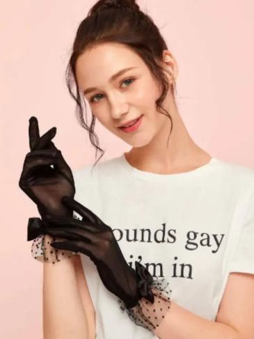 Lace Bow Black Gloves - One Size Stylord