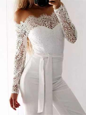 Lace Elegant Off Shoulder Jumpsuit - White / s Stylord