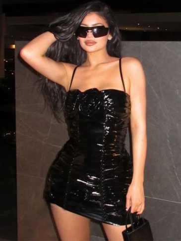 Lace Up Pu Faux Leather Elegant Floral Ruched Mini Dress - Black / s Stylord