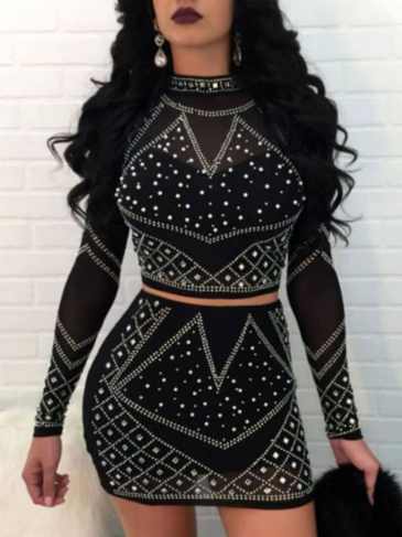 Lace Sequined Long Sleeve Bodycon Outfit Set - Black / s Stylord