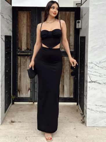 Lace Up Solid High Waist Crop Top + Skirt Two Piece Set - Black / s Stylord