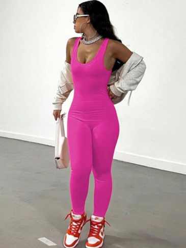 Lace Up Solid Stretchy Sleeveless Fitness Jumpsuit - Pink / s Stylord
