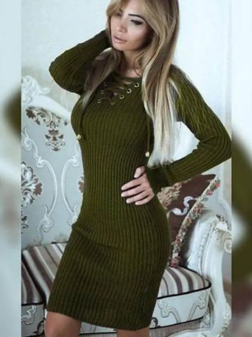 Lace Up Knee-length Dress - Green / One Size Stylord