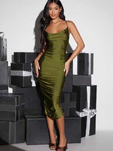 Lace Up Slit Back Draped Collar Ruched Midi Dress - Green / s Stylord