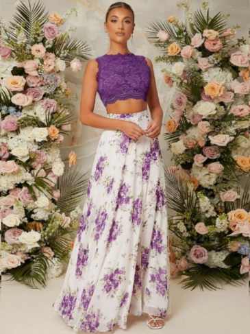 Lace Zip Back Tank Top & Floral Print Flared Skirt Two Piece Set - Purple / s Stylord
