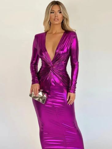Leather Deep v Cross Long Sleeve Shiny Dress - Stylord
