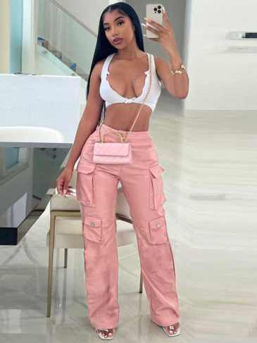 Pu Leather Fashion High-waist Cargo Jogger Pant - Pink / s Stylord