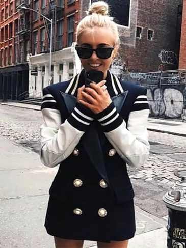 Leather Stitching Double-breasted Blazer - Black / s Stylord